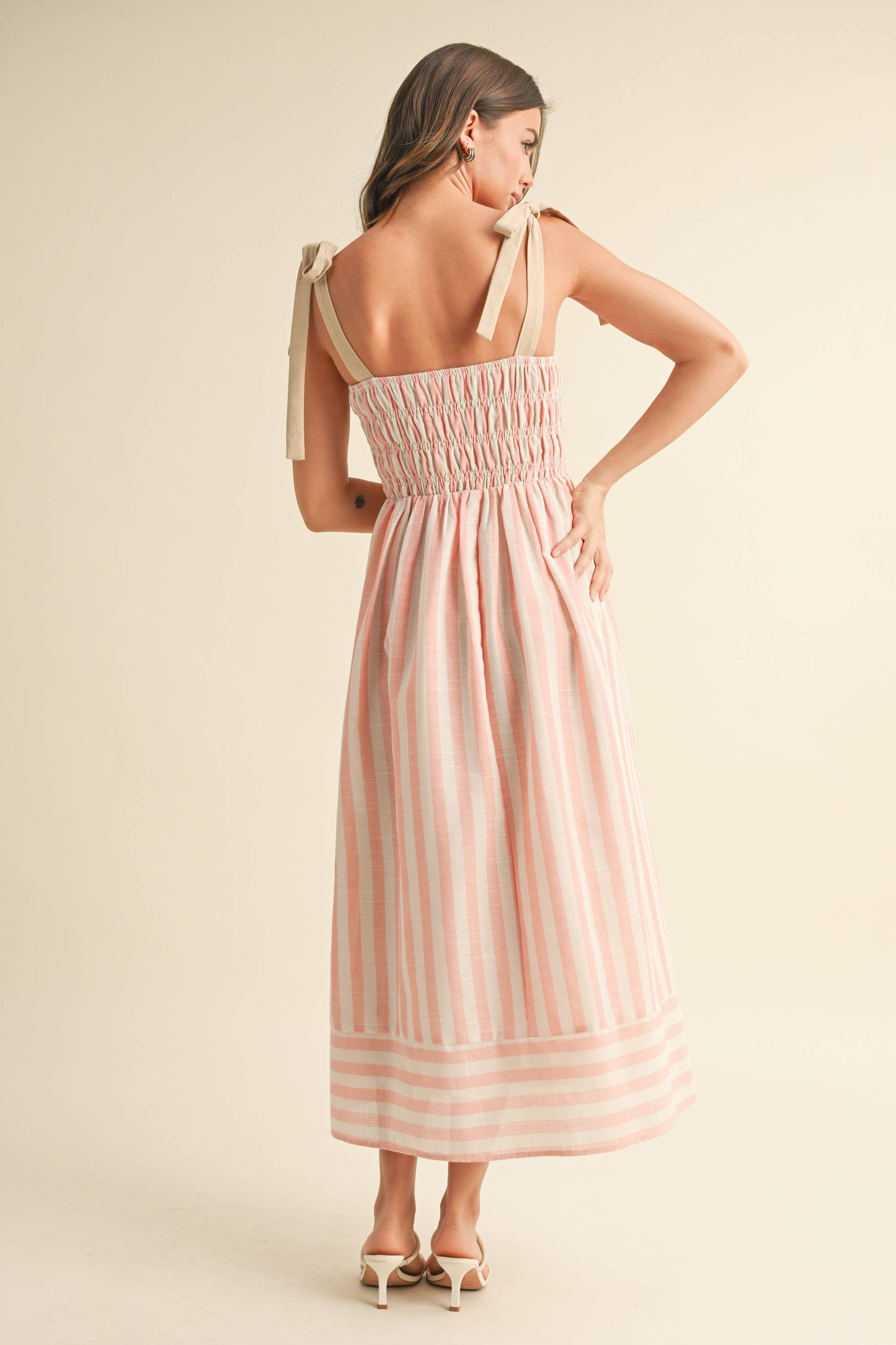 ID8938 STRIPED CHEVRON WAIST SMOCKED TOP TIE STRAP MIDI