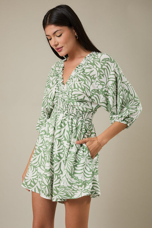 V-Neck 3/4 Kimono Sleeve Smocking Detail Romper