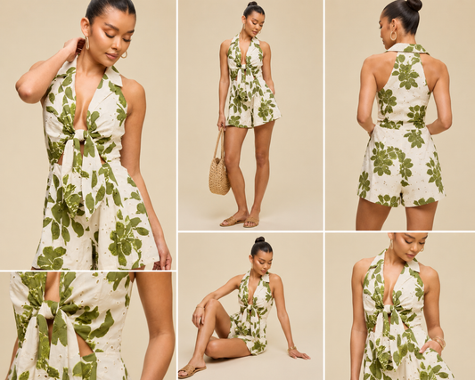 Eyelet Lace Tie Front Romper