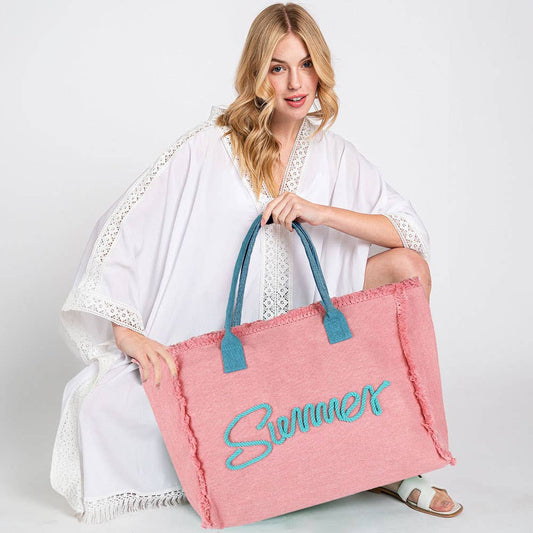 SUMMER Message Embroidered Fringe Canvas Tote Beach Bag