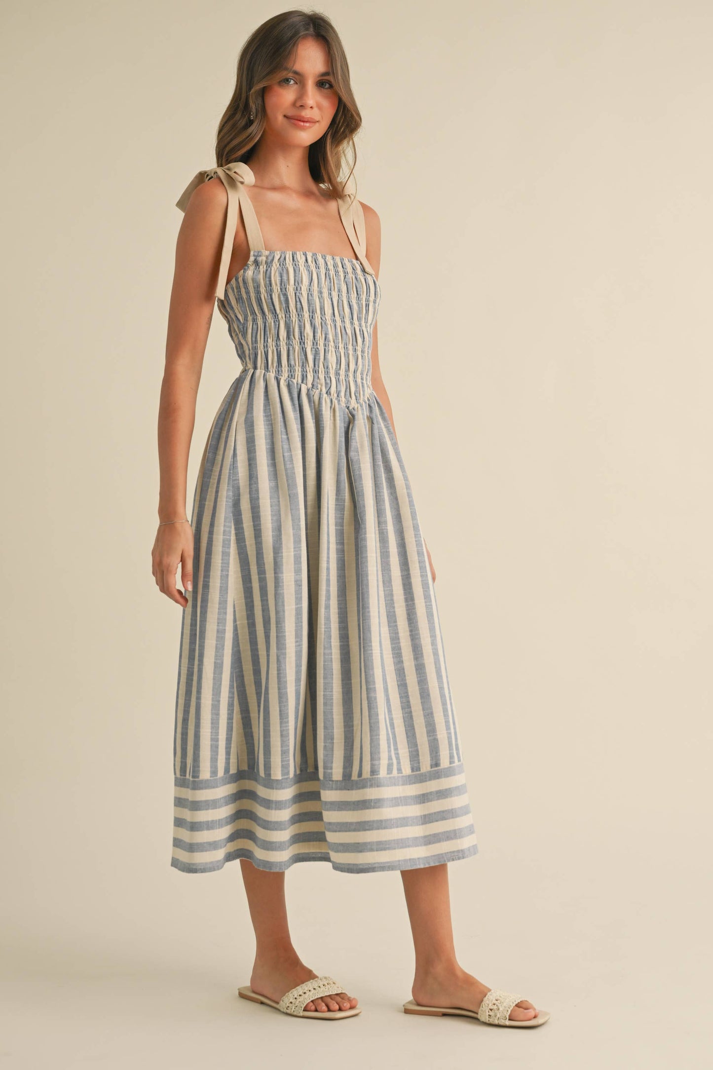 ID8938  STRIPED CHEVRON WAIST SMOCKED TOP TIE STRAP MIDI