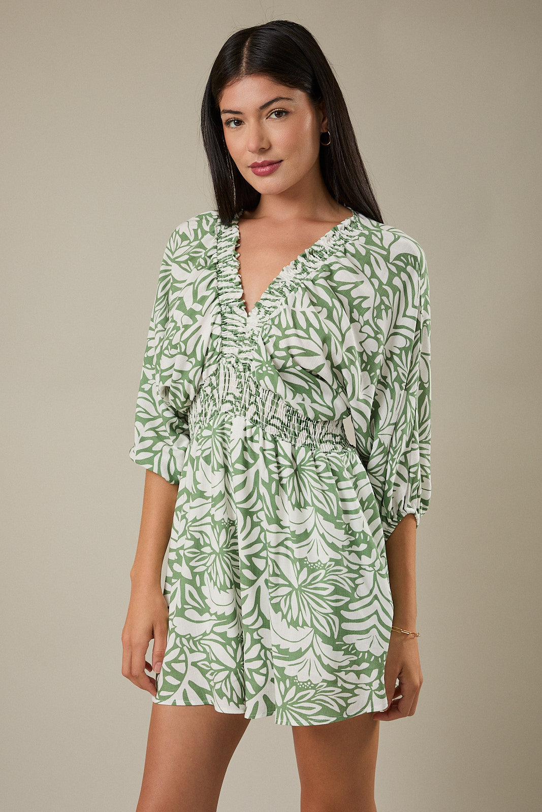 V-Neck 3/4 Kimono Sleeve Smocking Detail Romper