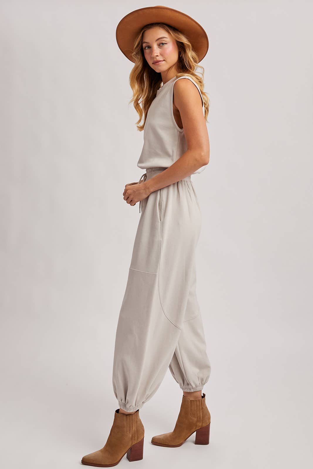 DRAWSTRING WAIST SLEEVELESS KNIT ACTIVE JUMPSUIT