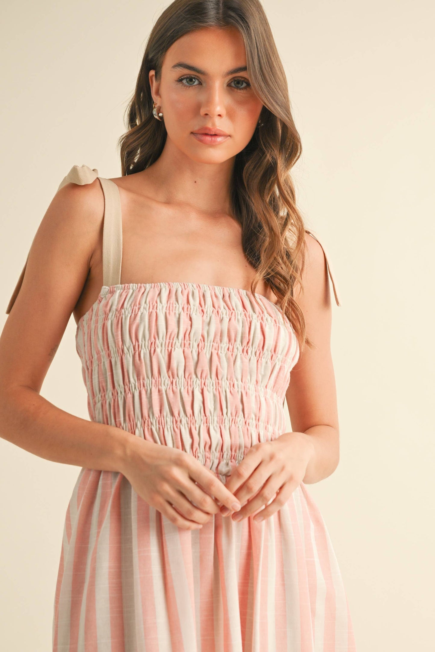 ID8938  STRIPED CHEVRON WAIST SMOCKED TOP TIE STRAP MIDI