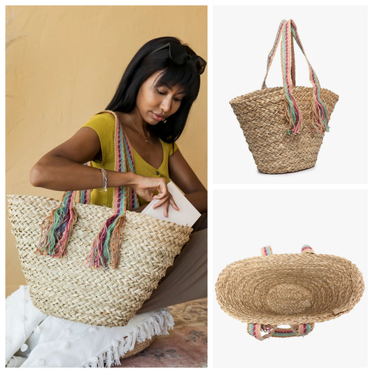Seagrass Tote with Rainbow Braided Handles