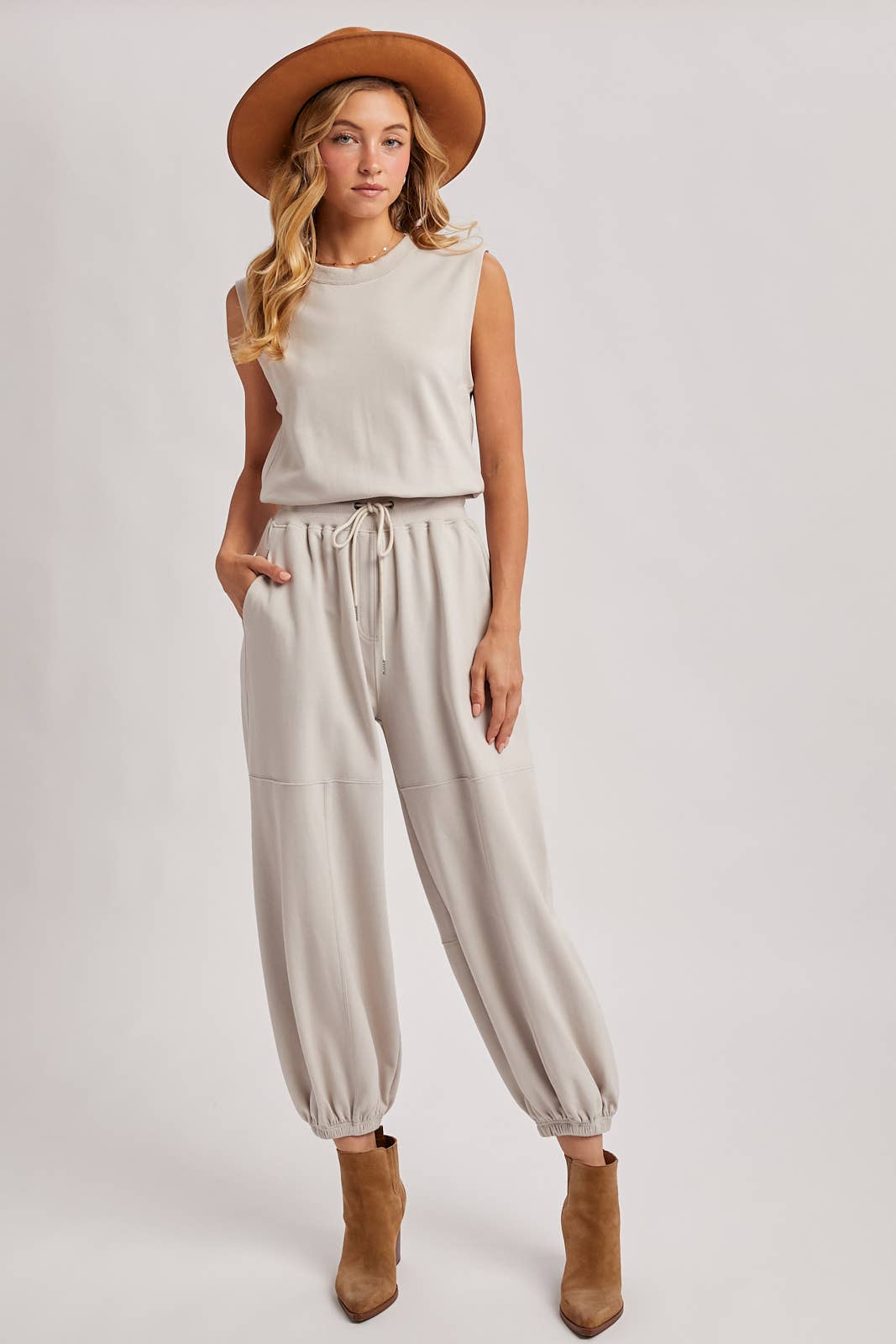 DRAWSTRING WAIST SLEEVELESS KNIT ACTIVE JUMPSUIT