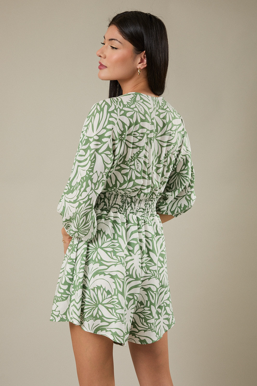 V-Neck 3/4 Kimono Sleeve Smocking Detail Romper