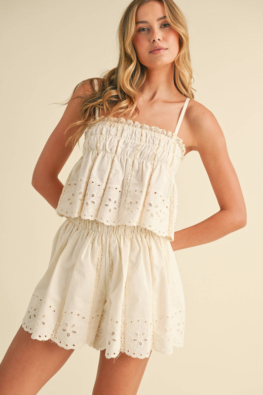 IST5809  EMBROIDERED CAMI AND SHORTS SET WITH LACE TRIM