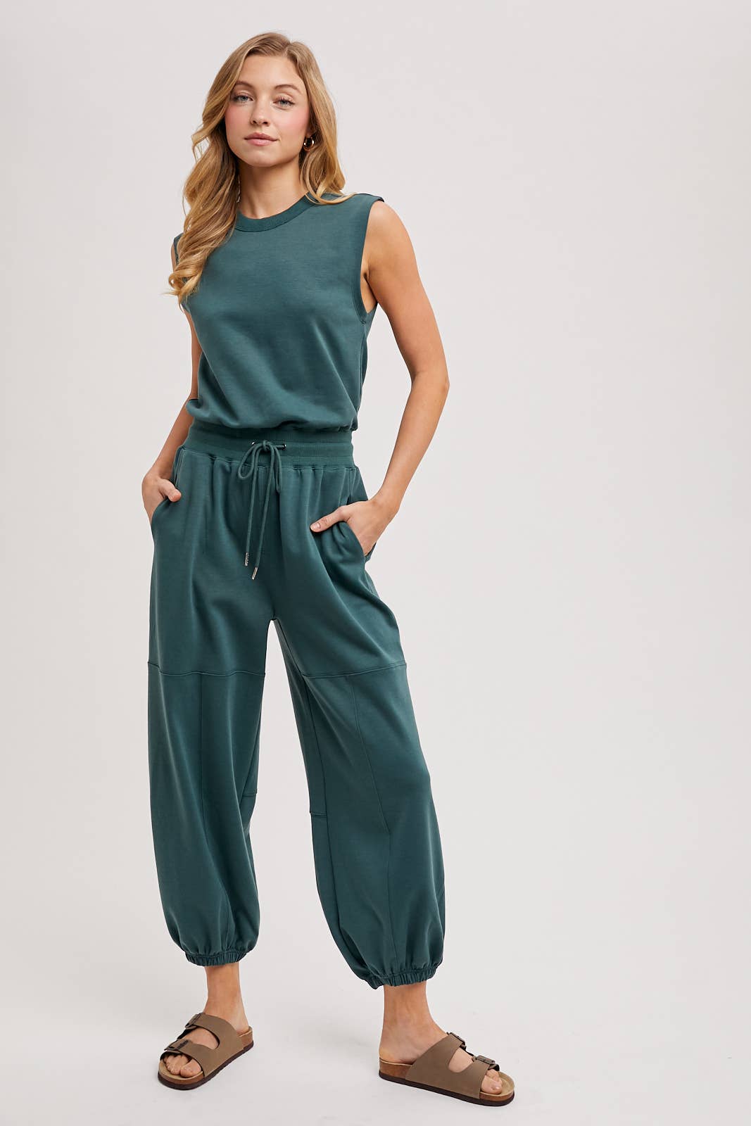 DRAWSTRING WAIST SLEEVELESS KNIT ACTIVE JUMPSUIT
