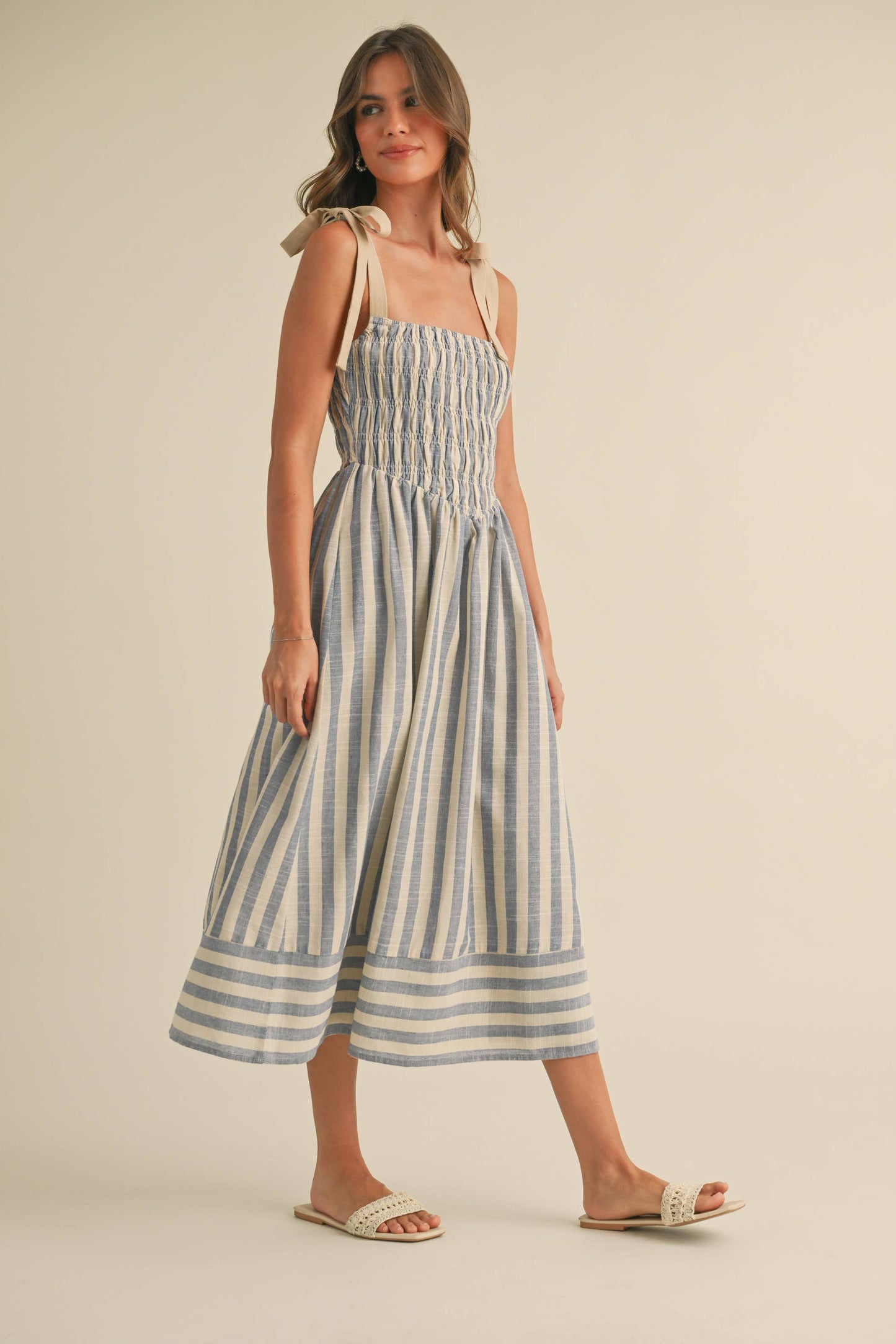 ID8938  STRIPED CHEVRON WAIST SMOCKED TOP TIE STRAP MIDI