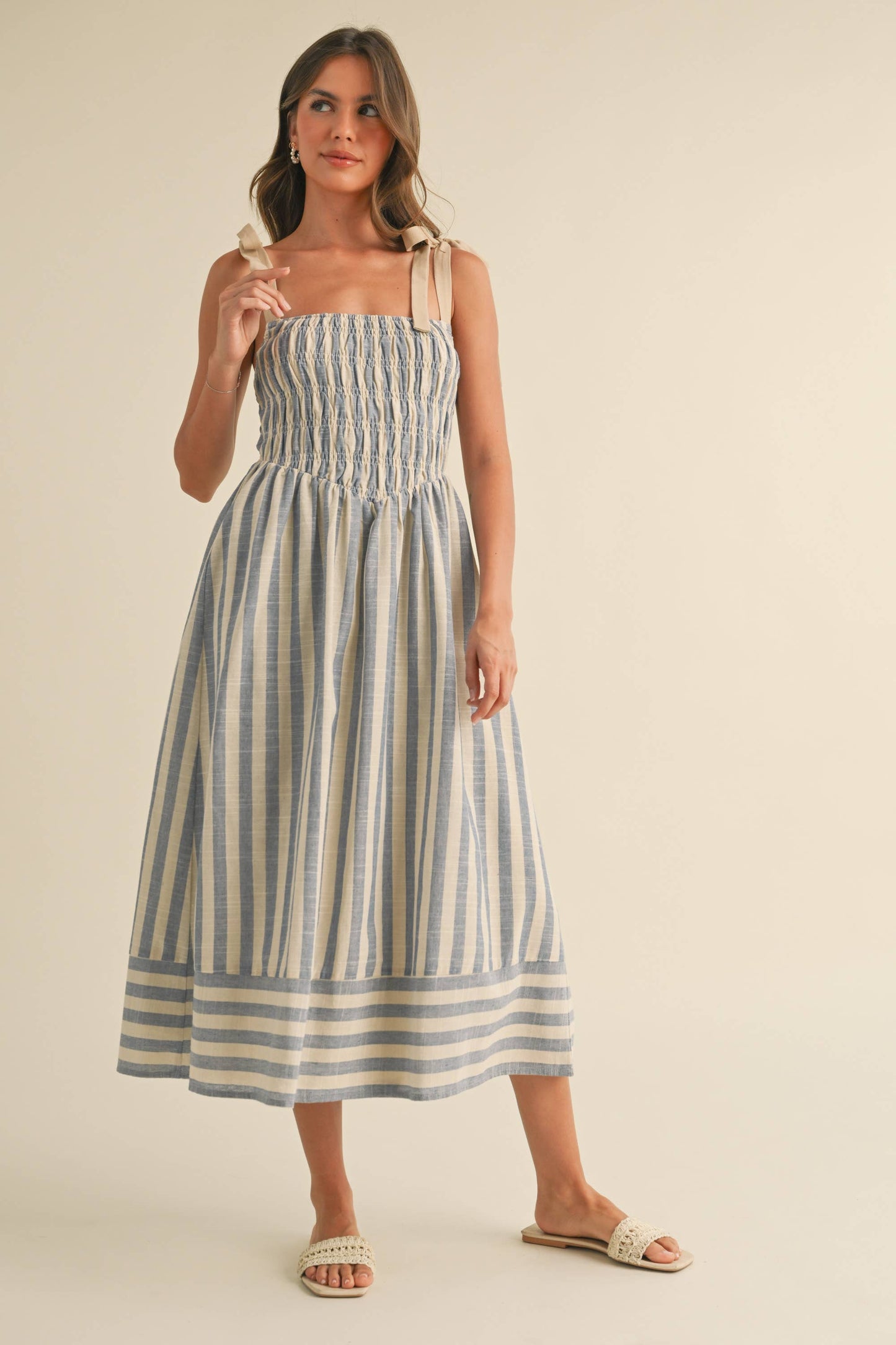 ID8938  STRIPED CHEVRON WAIST SMOCKED TOP TIE STRAP MIDI