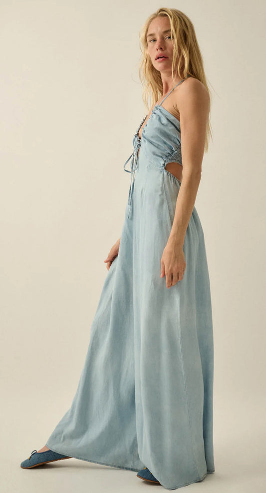 Denim Open-Back Wide-Leg Halter Jumpsuit