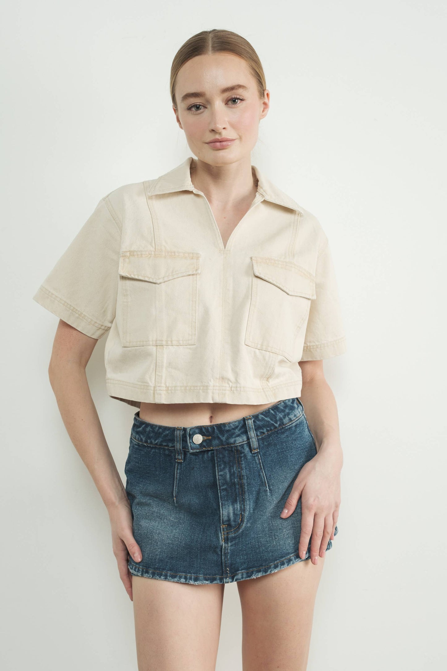 DENIM CROP TOP WITH POCKET