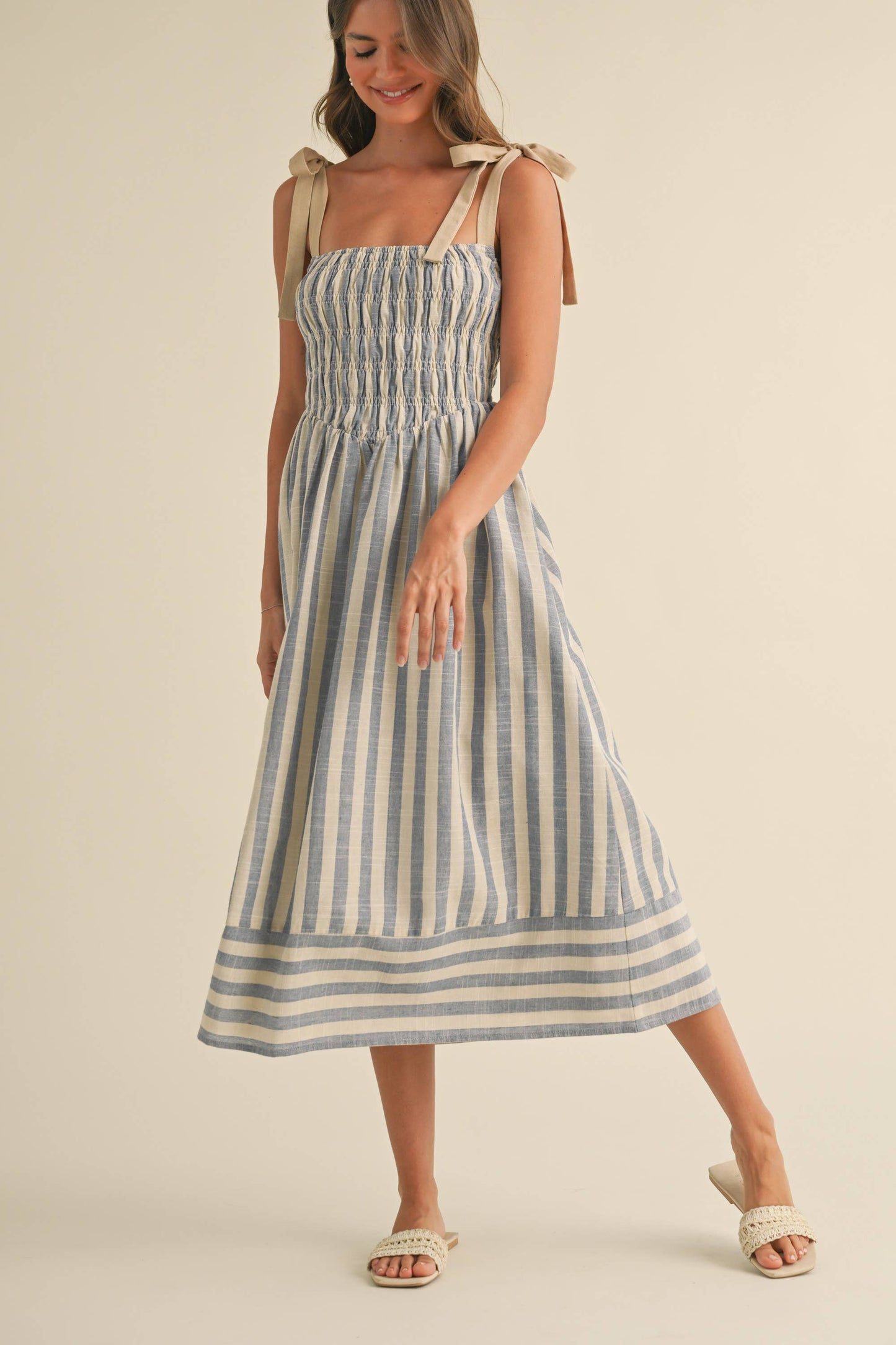 ID8938  STRIPED CHEVRON WAIST SMOCKED TOP TIE STRAP MIDI