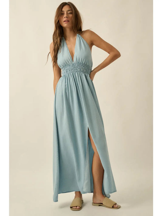 Denim High-Waist Plunging Halter Maxi Dress