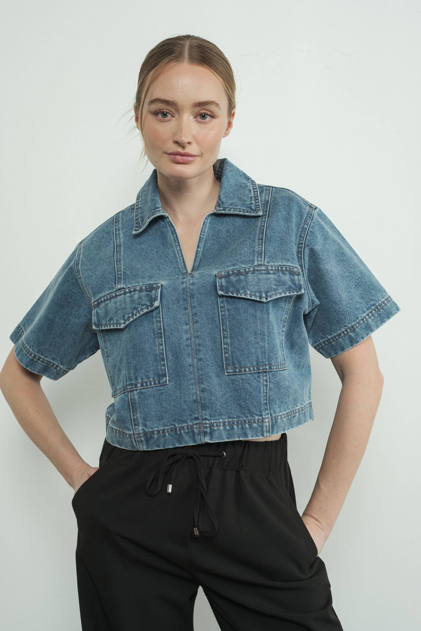 DENIM CROP TOP WITH POCKET