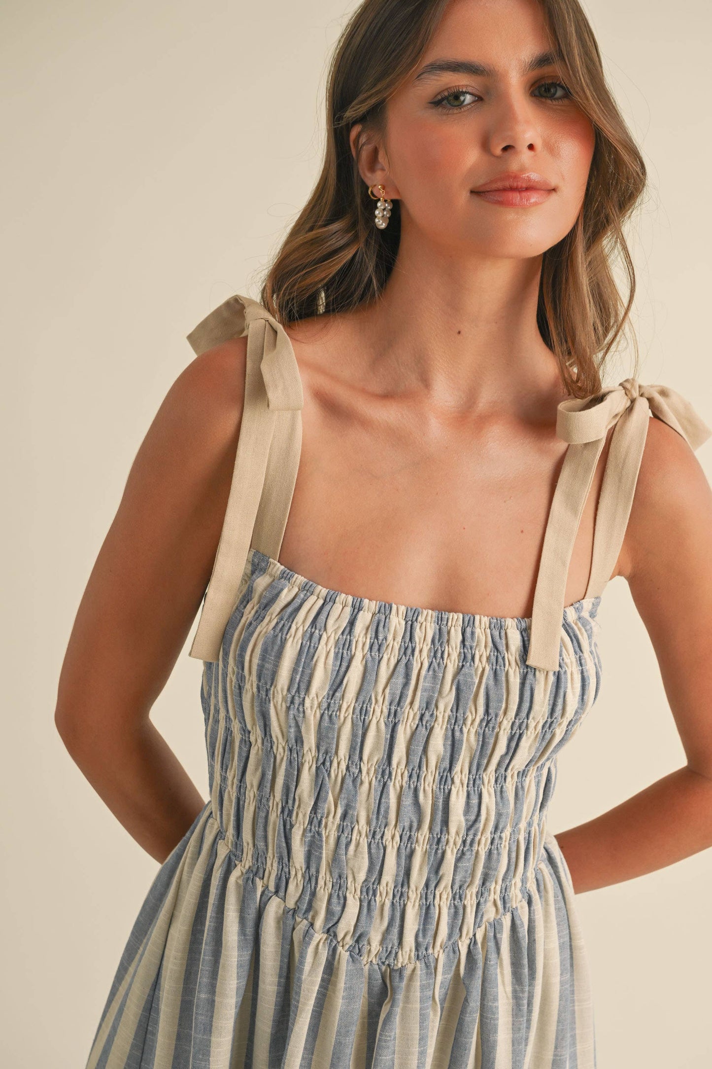 ID8938  STRIPED CHEVRON WAIST SMOCKED TOP TIE STRAP MIDI