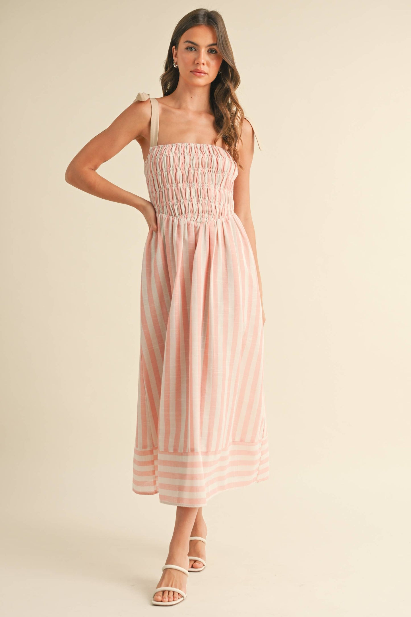ID8938  STRIPED CHEVRON WAIST SMOCKED TOP TIE STRAP MIDI