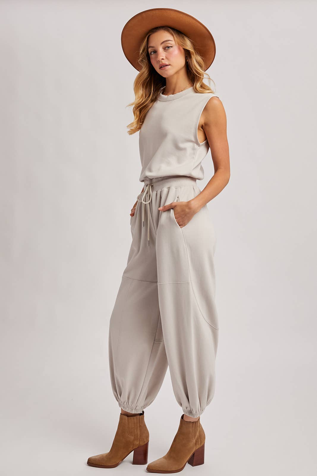 DRAWSTRING WAIST SLEEVELESS KNIT ACTIVE JUMPSUIT