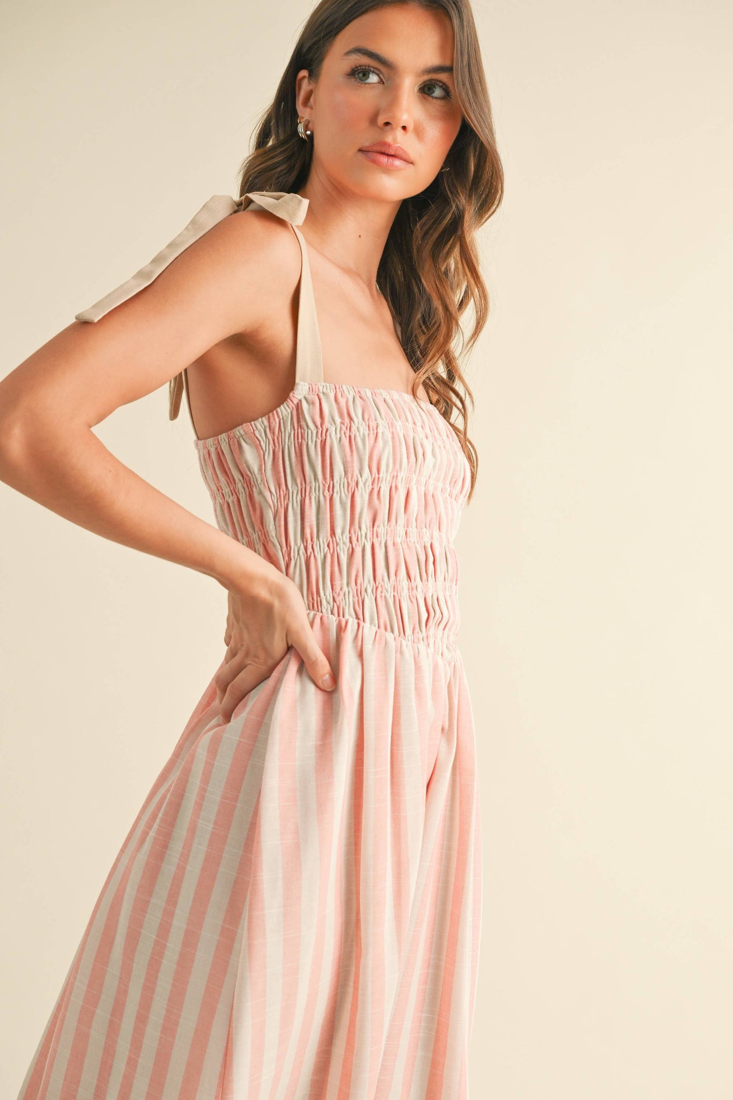 ID8938  STRIPED CHEVRON WAIST SMOCKED TOP TIE STRAP MIDI