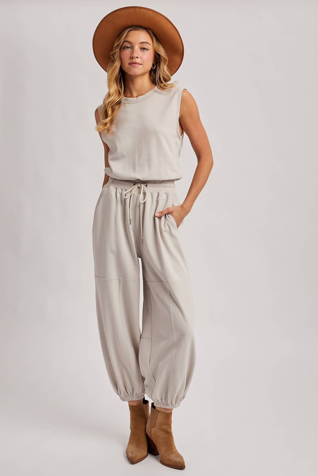 DRAWSTRING WAIST SLEEVELESS KNIT ACTIVE JUMPSUIT