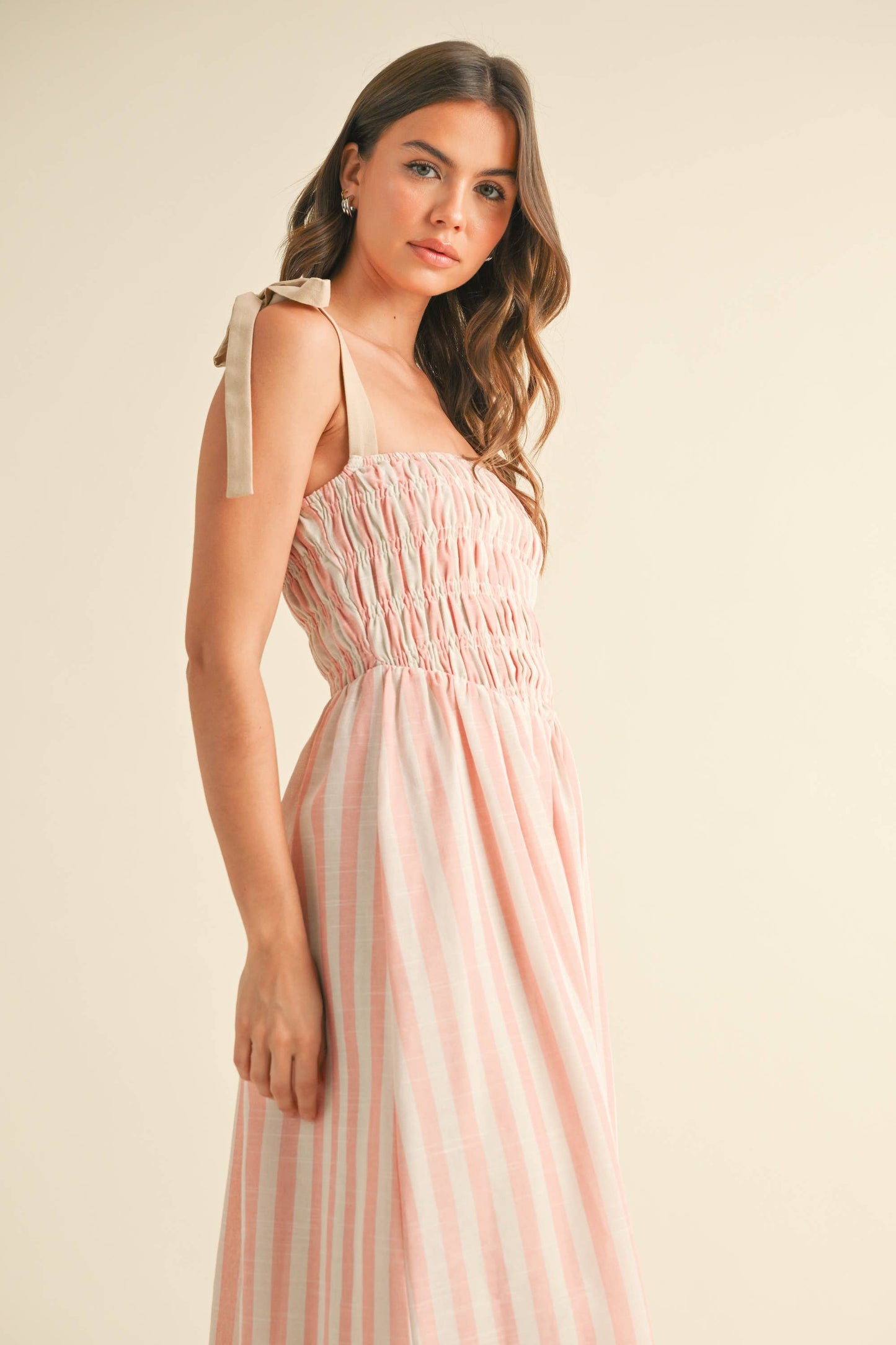 ID8938  STRIPED CHEVRON WAIST SMOCKED TOP TIE STRAP MIDI