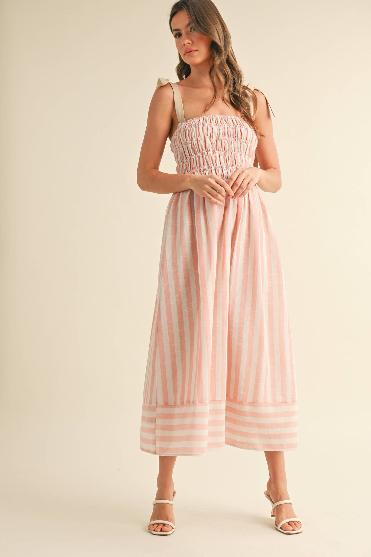 ID8938  STRIPED CHEVRON WAIST SMOCKED TOP TIE STRAP MIDI
