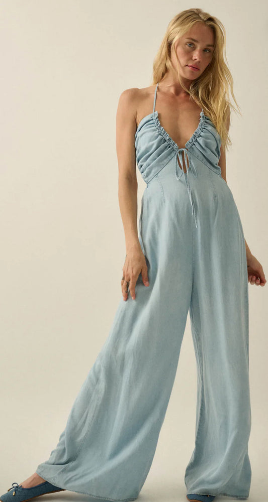 Denim Open-Back Wide-Leg Halter Jumpsuit