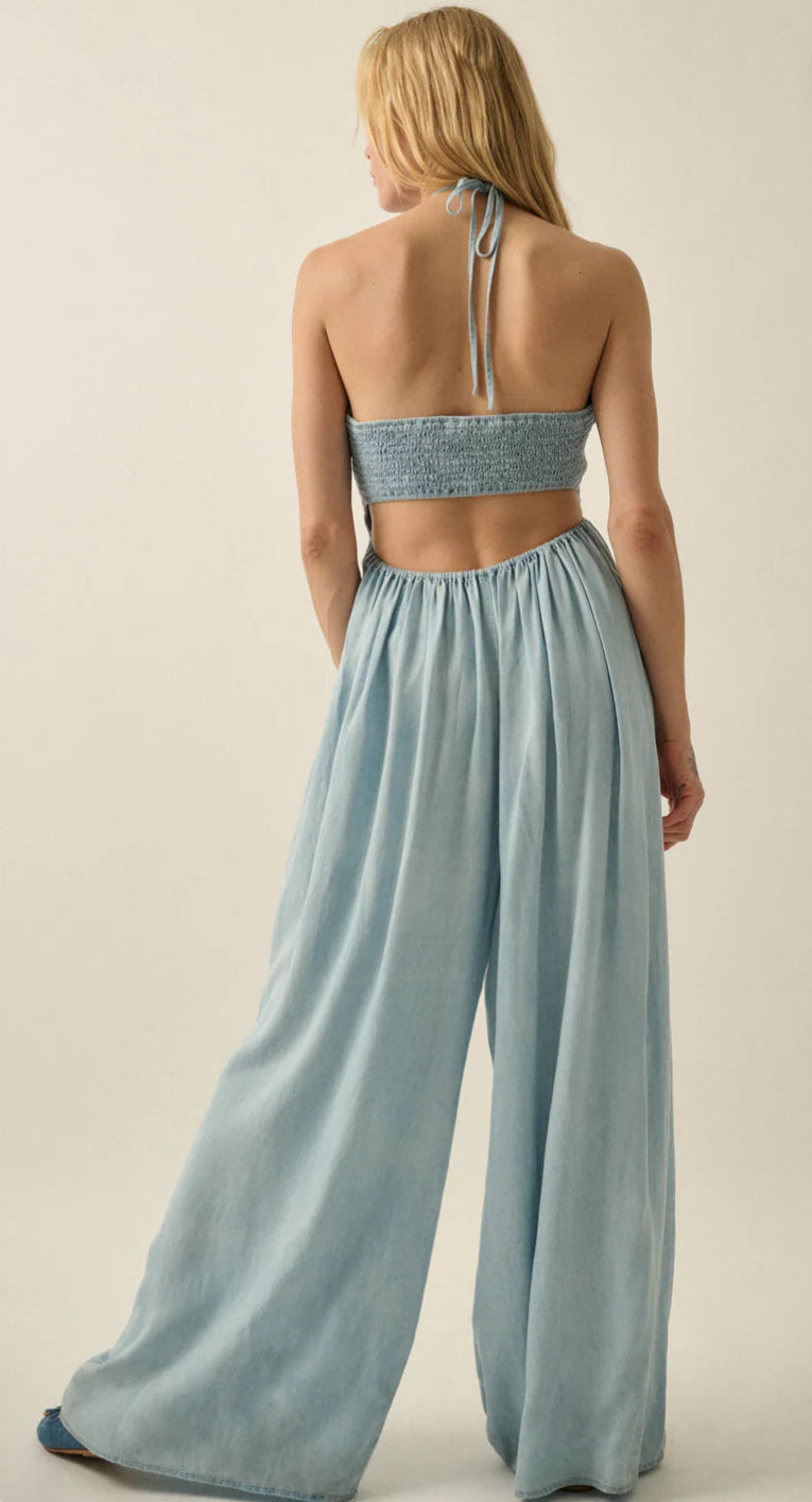 Denim Open-Back Wide-Leg Halter Jumpsuit
