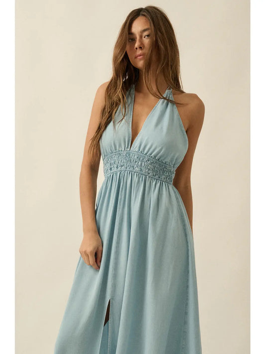 Denim High-Waist Plunging Halter Maxi Dress