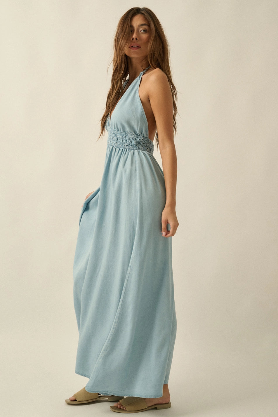 Denim High-Waist Plunging Halter Maxi Dress