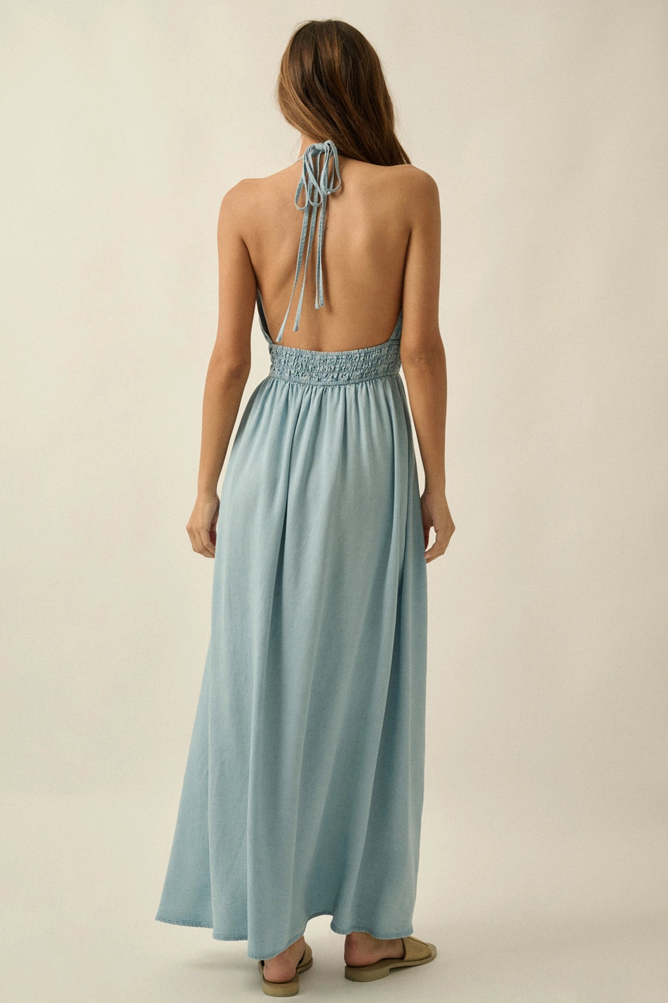 Denim High-Waist Plunging Halter Maxi Dress