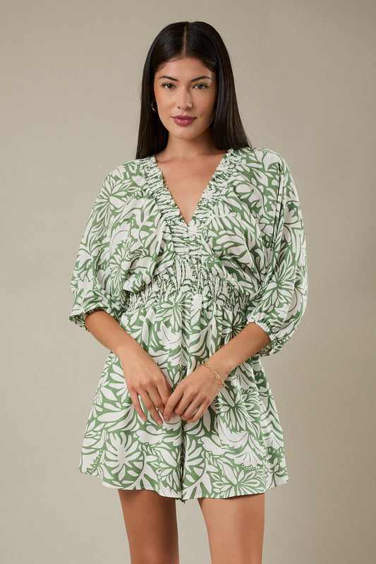V-Neck 3/4 Kimono Sleeve Smocking Detail Romper