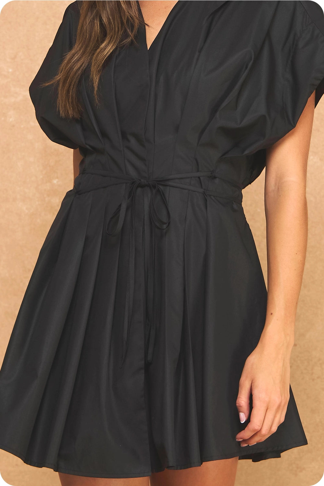 Pleated V-Neck Tie Waist Mini Dress