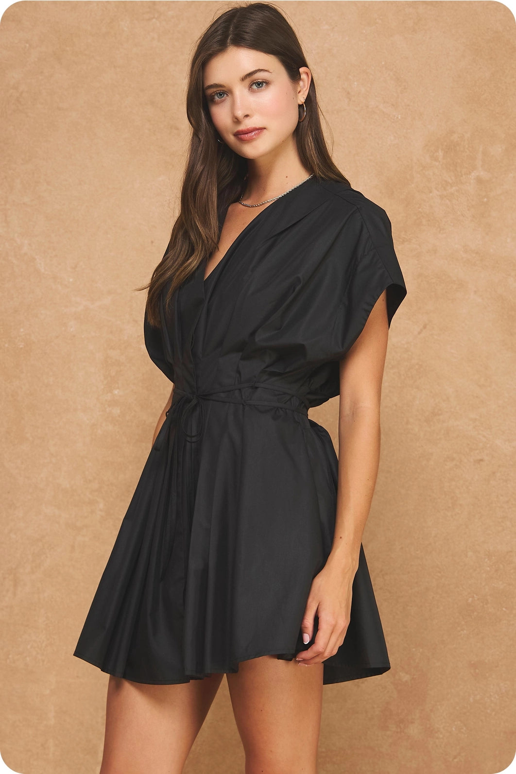 Pleated V-Neck Tie Waist Mini Dress