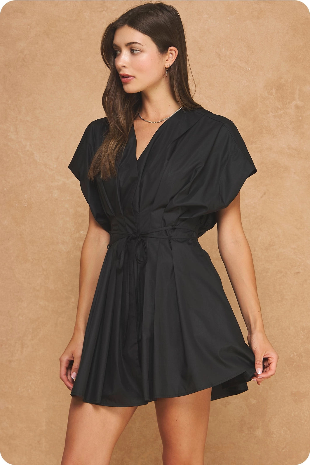 Pleated V-Neck Tie Waist Mini Dress