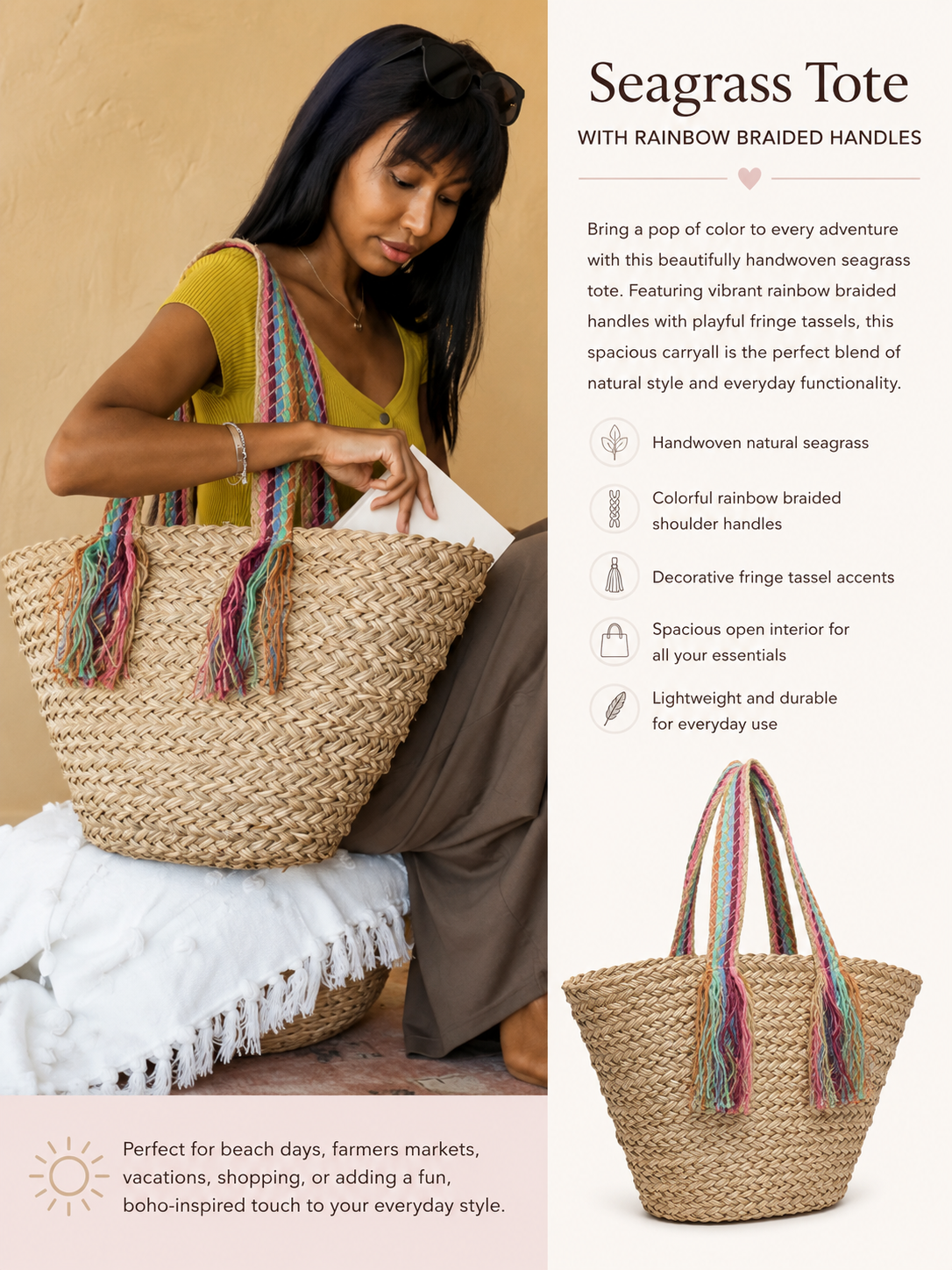 Seagrass Tote with Rainbow Braided Handles