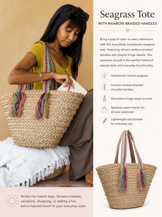 Seagrass Tote with Rainbow Braided Handles