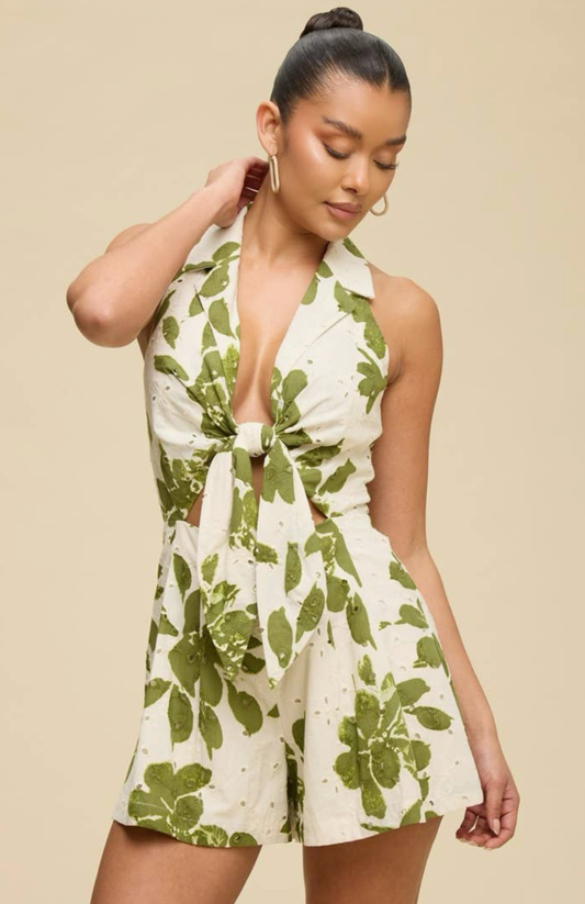 Eyelet Lace Tie Front Romper