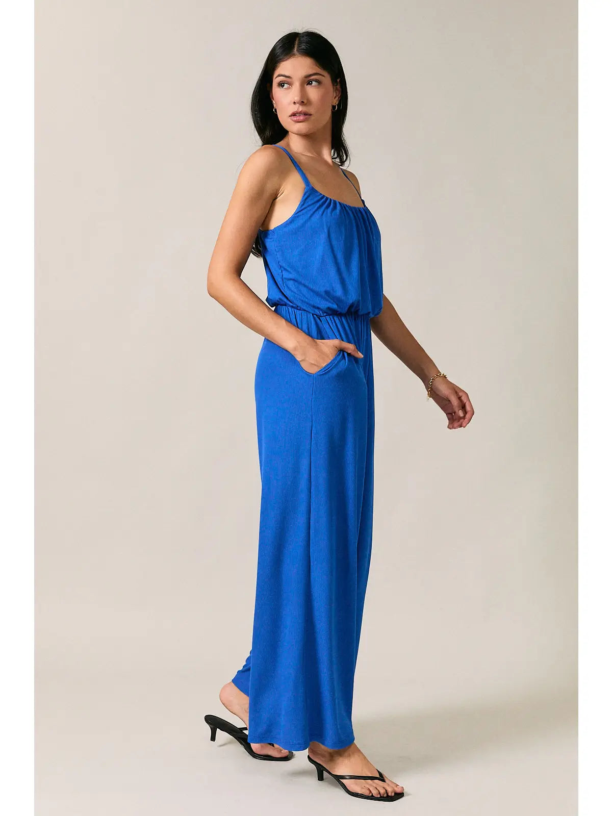 Cropped Spaghetti Strap Elastic Waist Wide Leg Jumpsuit