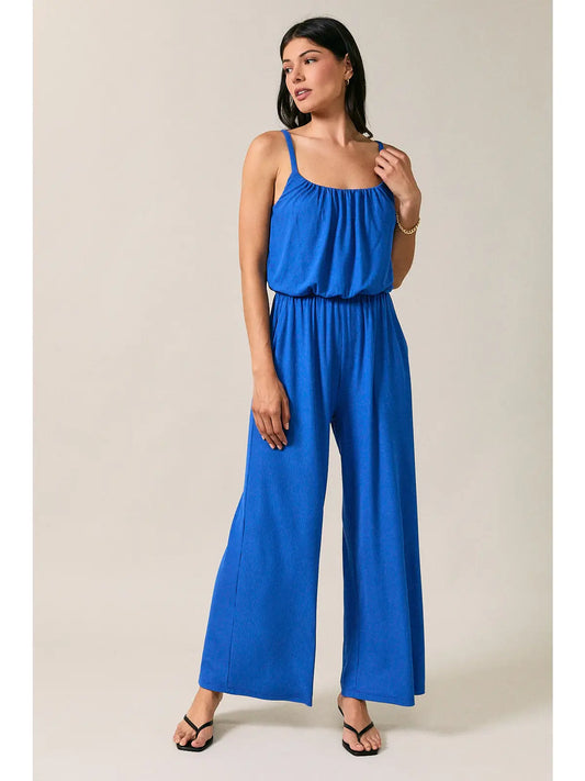 Cropped Spaghetti Strap Elastic Waist Wide Leg Jumpsuit