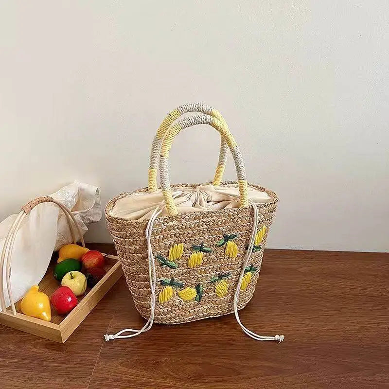 Small Woven Tote Bag with Lemon Embroidery