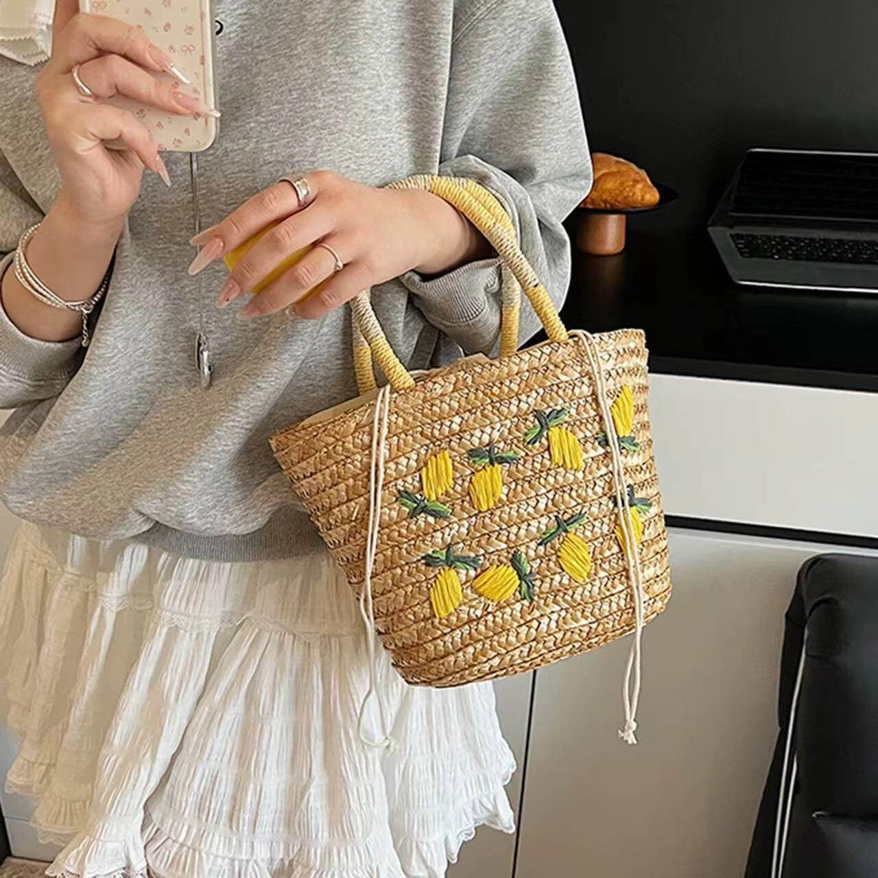 Small Woven Tote Bag with Lemon Embroidery