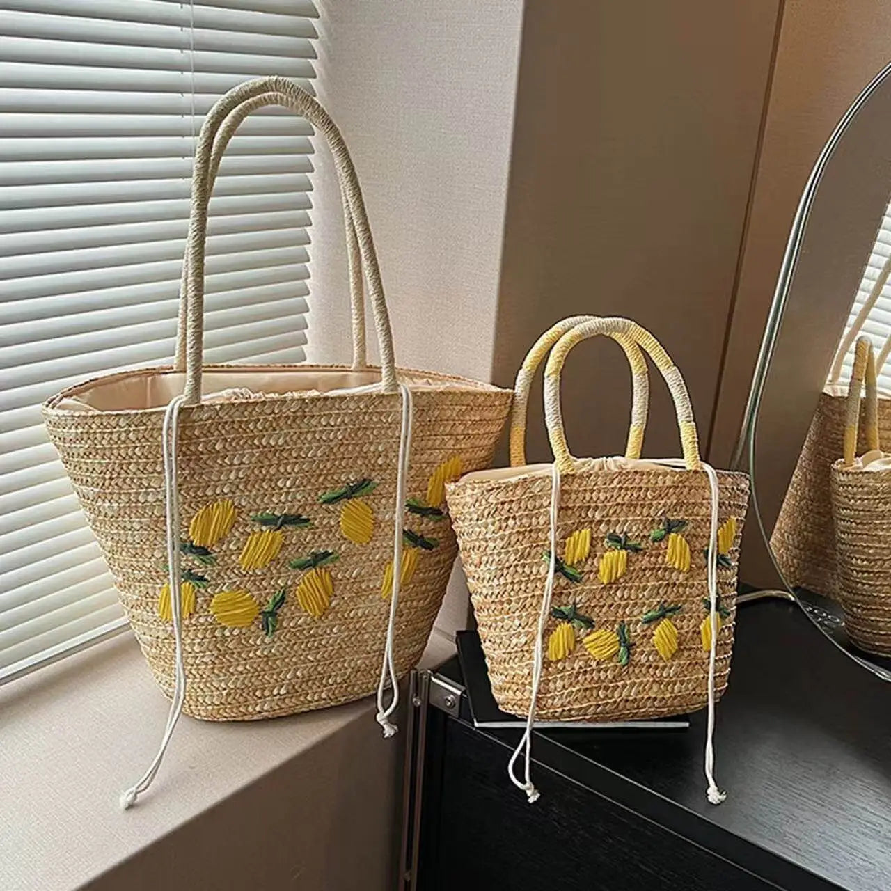 Small Woven Tote Bag with Lemon Embroidery