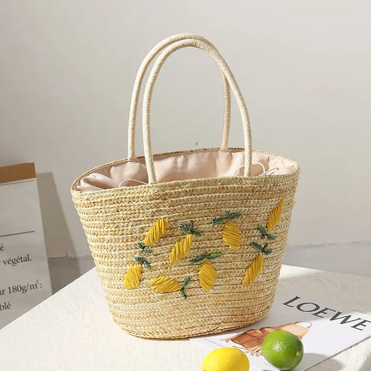Small Woven Tote Bag with Lemon Embroidery