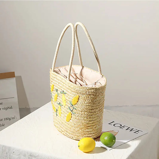 Small Woven Tote Bag with Lemon Embroidery