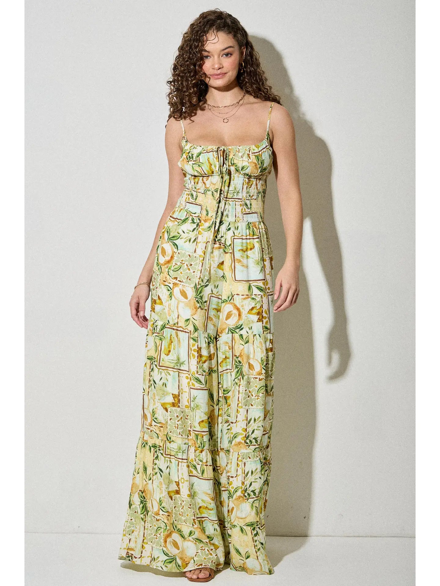 Summer Jumpsuit with Pear Garden Print & Tiered Detail
