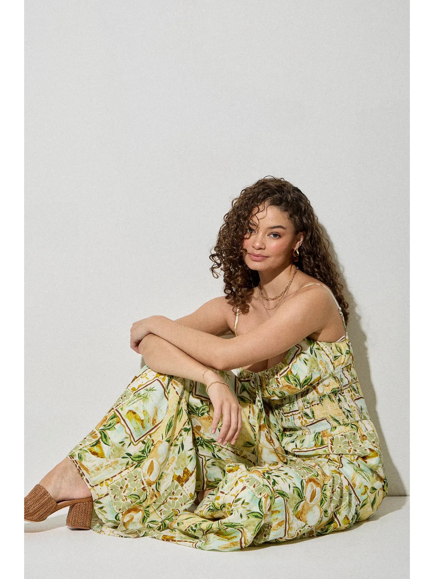 Summer Jumpsuit with Pear Garden Print & Tiered Detail