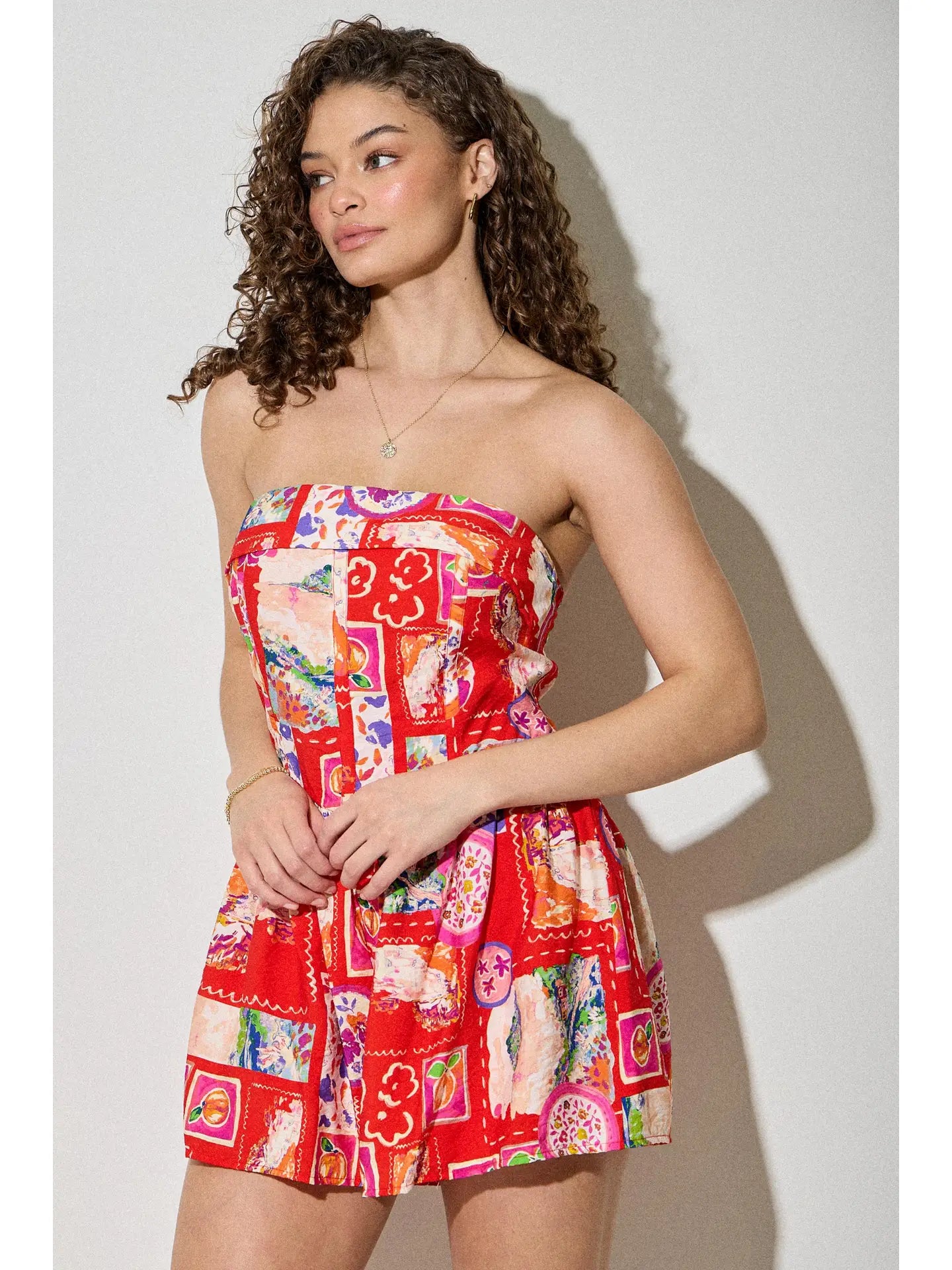 Summer Tube Romper with Watercolor Conversation Print