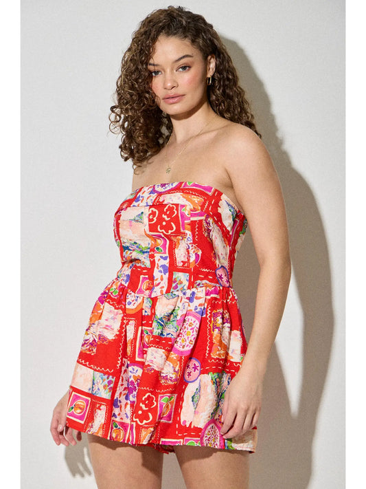 Summer Tube Romper with Watercolor Conversation Print